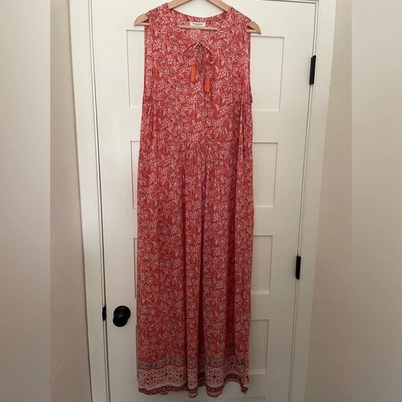 BeachLunchLounge Maxi Dress Large Sleeveless Peach/Orange Floral Indian Print - Picture 1 of 10